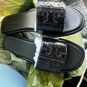 Tory Burch Black Embossed Slide Sandals